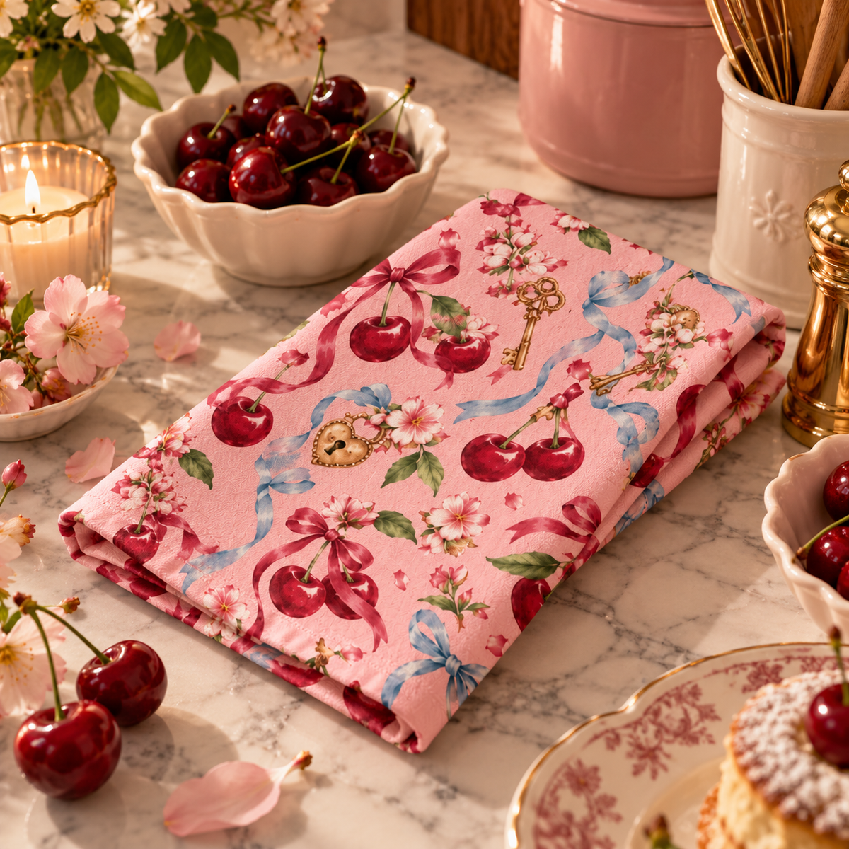 Clés & Cerises Tea Towel